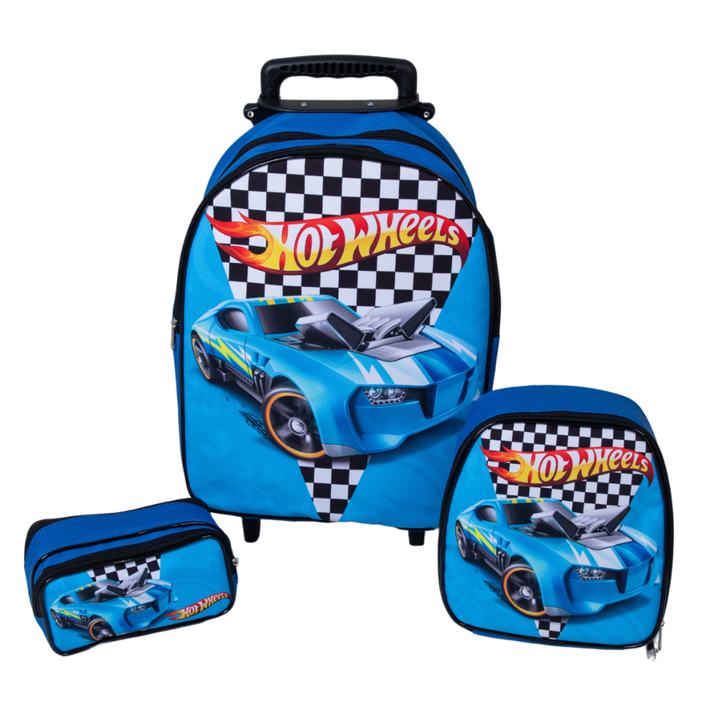 Kit Mochila Infantil Hotwheels de Rodinhas + Lancheira + Estojo Azul