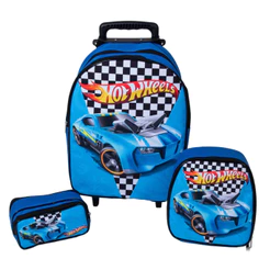 Kit Mochila Infantil Hotwheels de Rodinhas + Lancheira + Estojo Azul