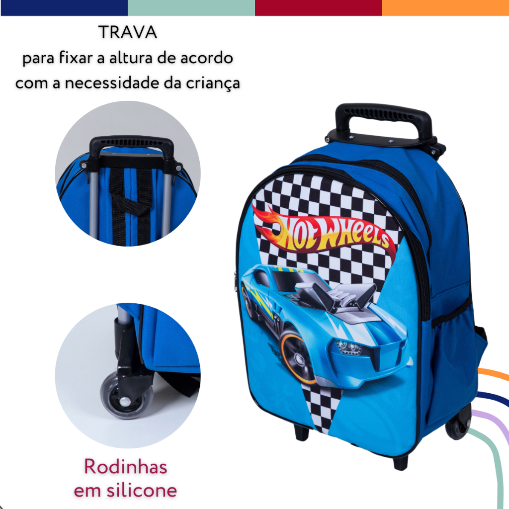 Kit Mochila Infantil Hotwheels de Rodinhas + Lancheira + Estojo Azul — imagem 2 de 2