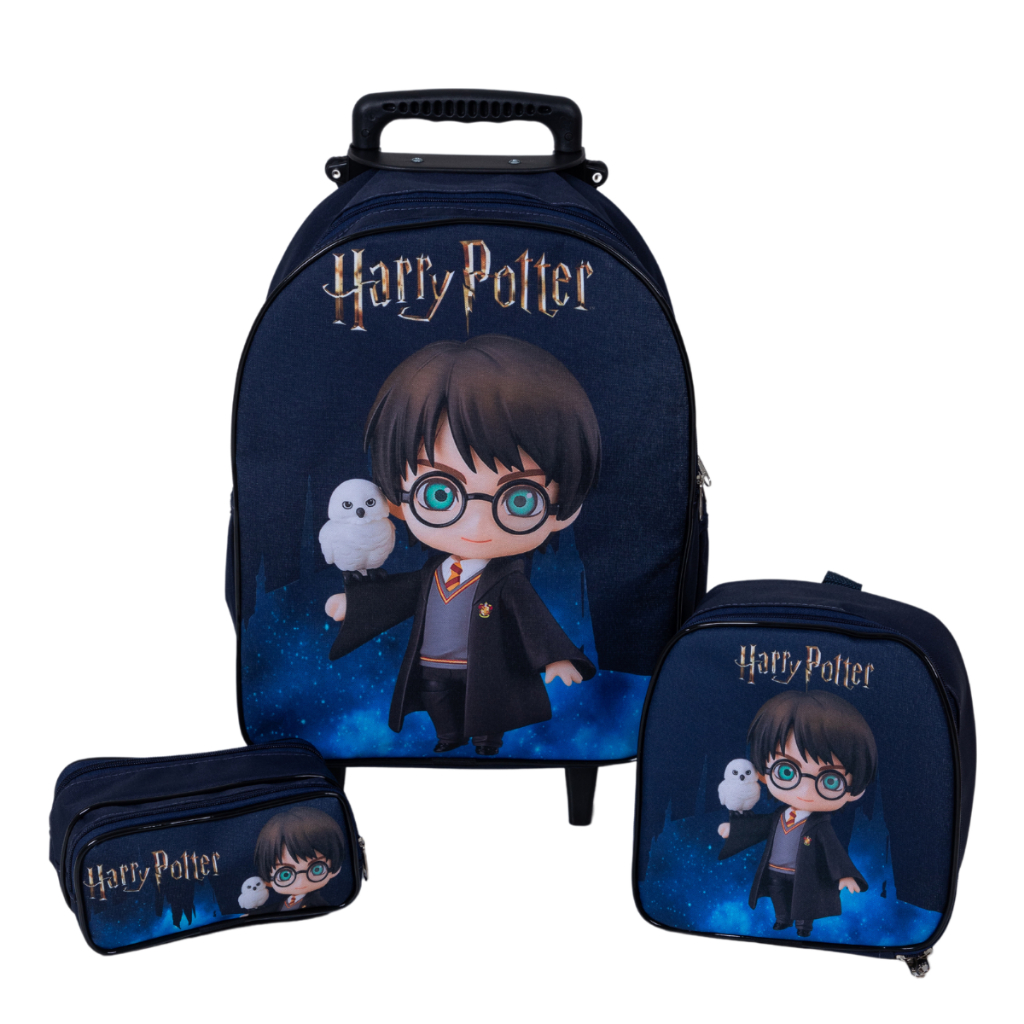 Kit Mochila Infantil Harry Potter de Rodinhas + Lancheira + Estojo Azul Marinho em Oferta na Shopee