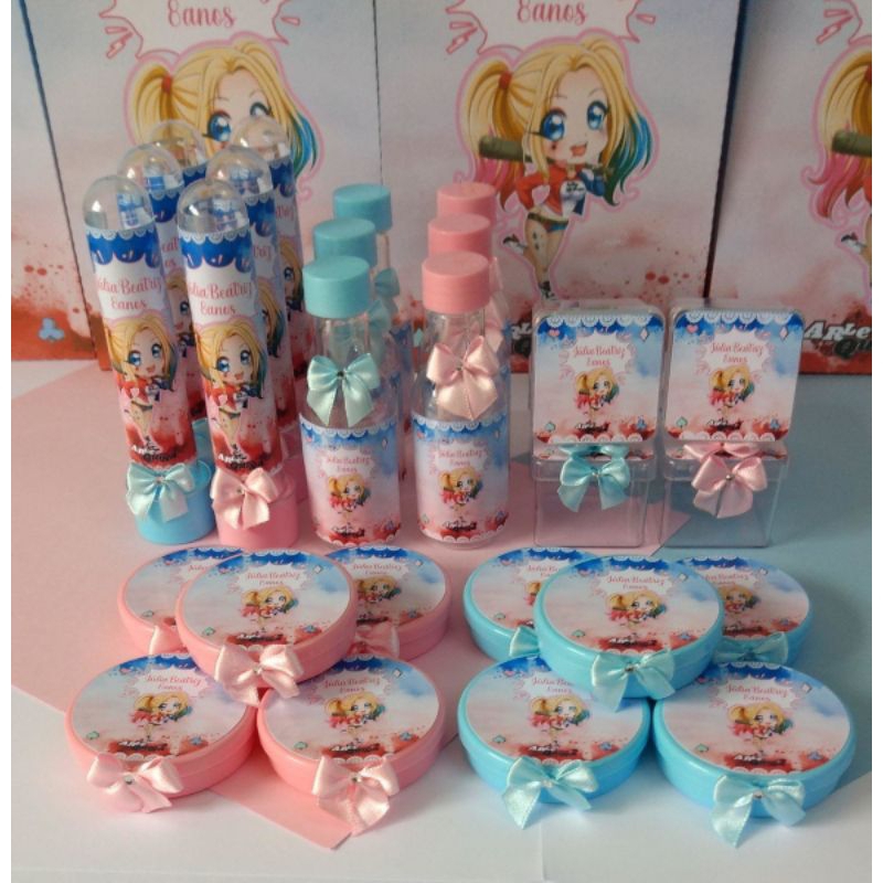 Kit Arlequina 40 peças Lembrancinhas Personalizadas tubetes latinhas garrafinhas caixa acrílica festa infantil menina