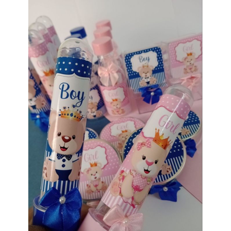 Kit Chá Revelação Ursinho princesa príncipe 40 peças Lembrancinha Personalizada tubetes latinhas garrafas caixa acrílica