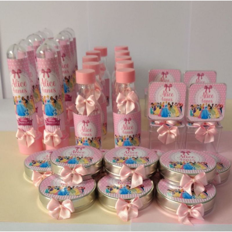 Kit Princesas da Disney 40 peças Lembrancinhas Personalizadas tubetes latinhas garrafinhas caixa acrílica festa infantil