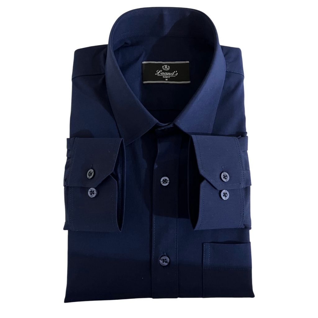Camisa Social Manga Longa Azul Marinho Tradicional Com Bolso 100% Microfibra