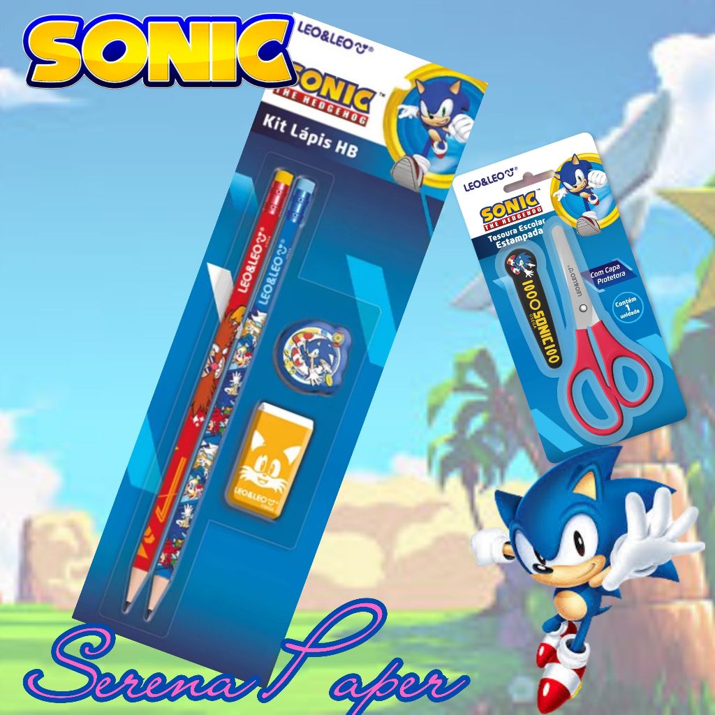 KIT TESOURA + KIT 2 LAPIS GRAFITE / APONTADOR / BORRACHA SONIC / SEGA / MATERIAL ESCOLAR / KAWAII