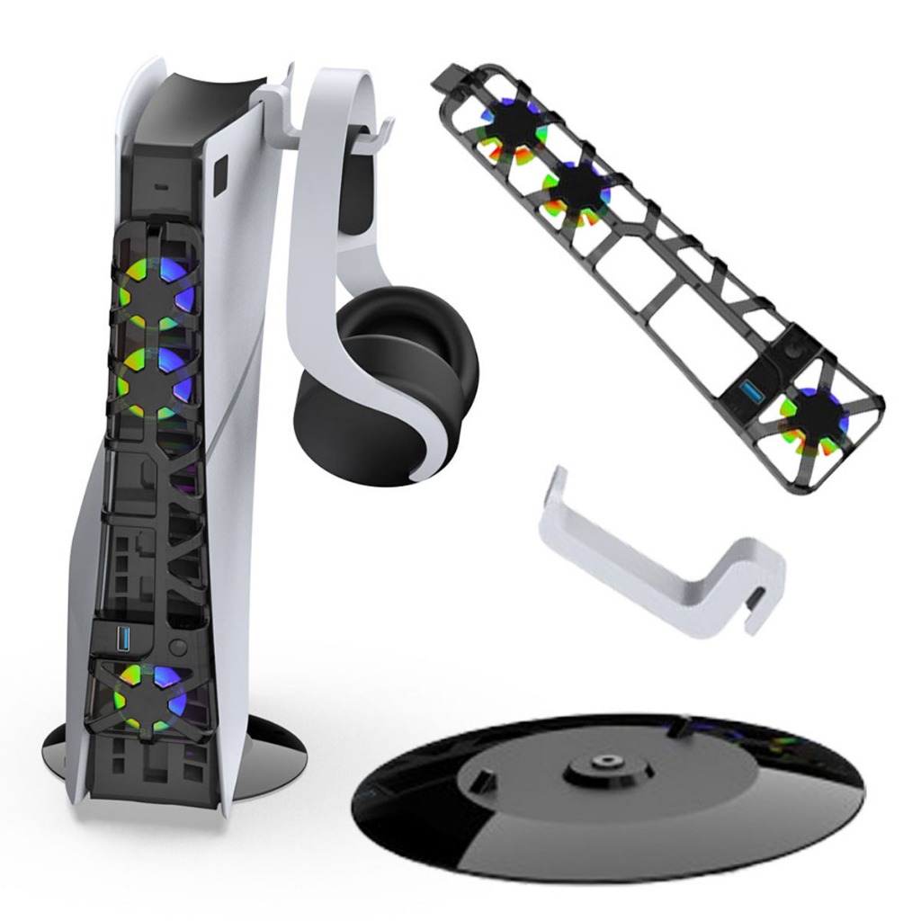 Kit 3 em 1 Base Disco Cooler Led Suporte para Fone Compatível com Playstation 5 Slim Disco Digital