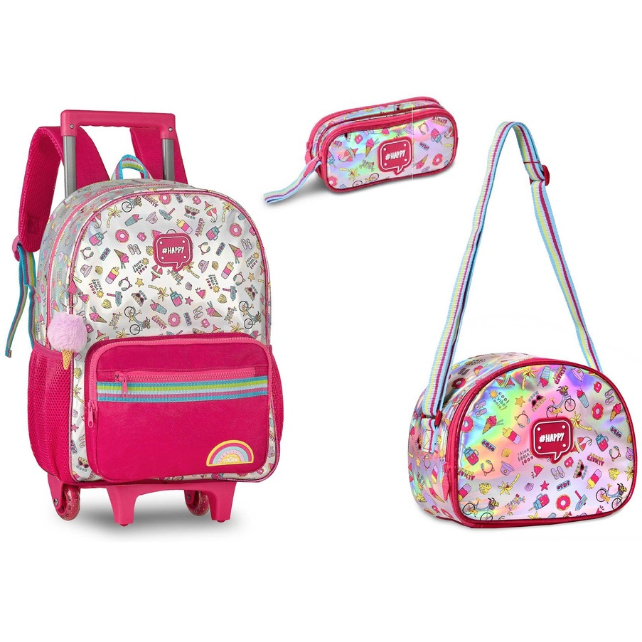 Kit Completo Mochila Happy com Lancheira e Estojo Emojis Holográfica Prateada Feminina Escolar Meninas Clio HL23083K