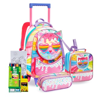 Kit Escolar Denlex Mochila Grande Estojo Box e Lancheira Térmica Coleção Gato Colorido Meninas em Oferta na Shopee
