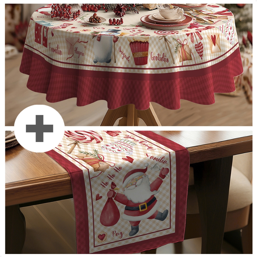 Kit Caminho de Mesa Natal 140x040m + Toalha de Mesa 4 Lugares Redonda 140x140m - Mesa Posta Natalina em Oferta na Shopee