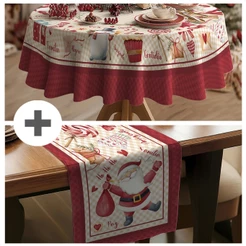 Kit Caminho de Mesa Natal 140x040m + Toalha de Mesa 4 Lugares Redonda 140x140m - Mesa Posta Natalina