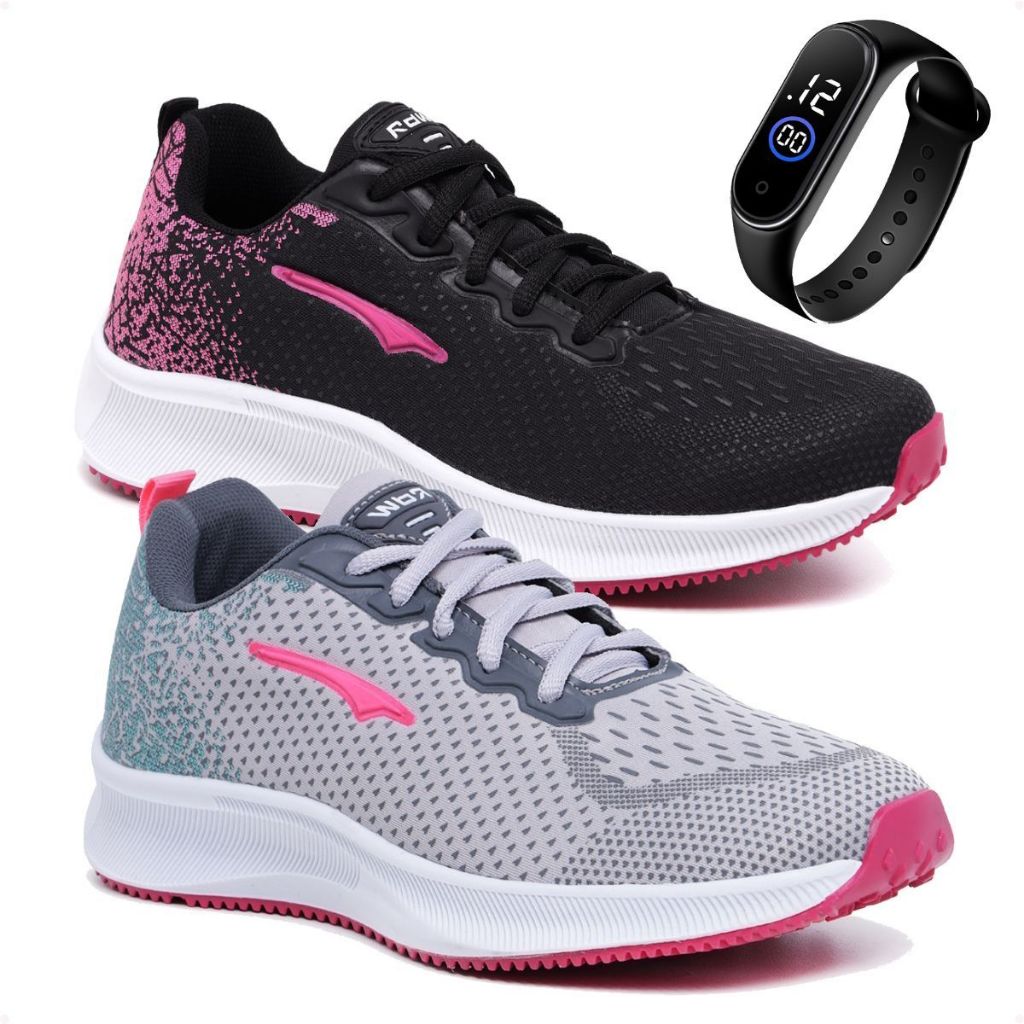 Combo Kit 2 Tenis Feminino Academia Caminhada Treino Barato + Relogio