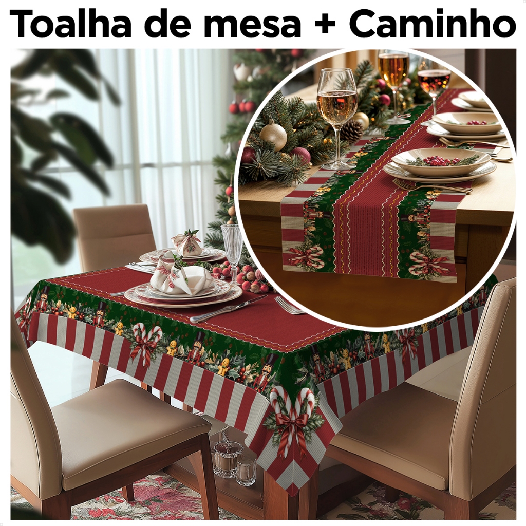 Kit Toalha de Mesa 4 Lugares Natal 140x140m + Caminho de Mesa 140x040m - Mesa Posta Natalina