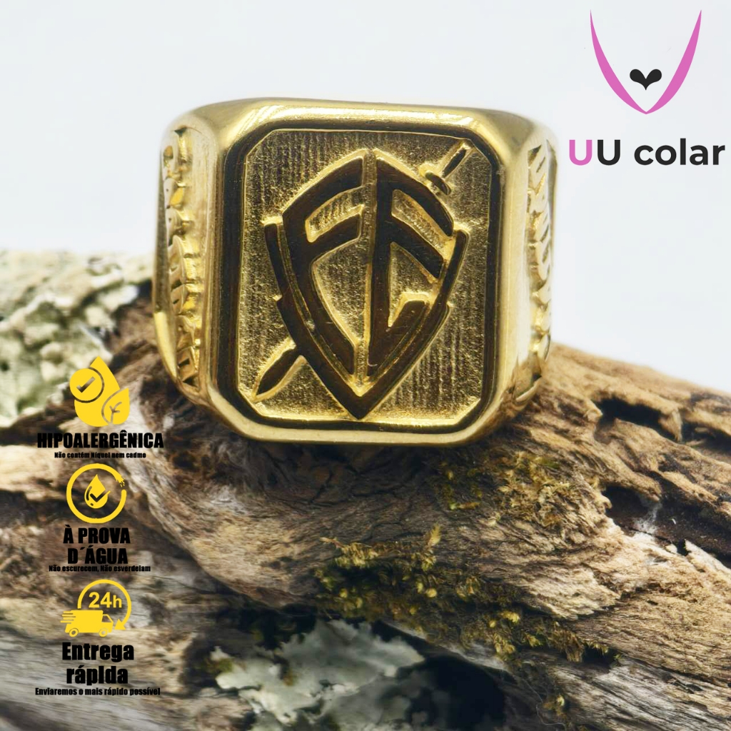 Anel moda Escudo da Fé Masculino - Comendador Dourado de Aço com Detalhes Prateados