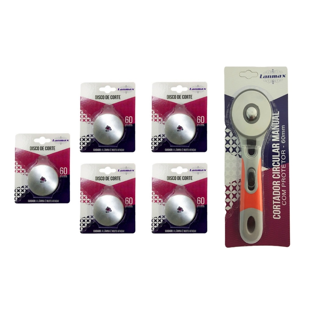 Cortador Circular Manual Lâmina 60mm + 5 Discos Refil Cabo Emborrachado  LM-60 Lanmax Com Protetor