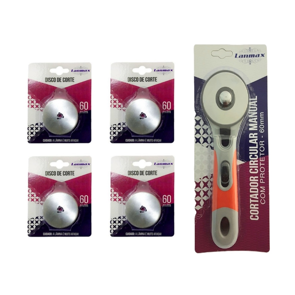 Cortador Circular Manual Lâmina 60mm + 3 Discos Refil Cabo Emborrachado  LM-60 Lanmax Com Protetor