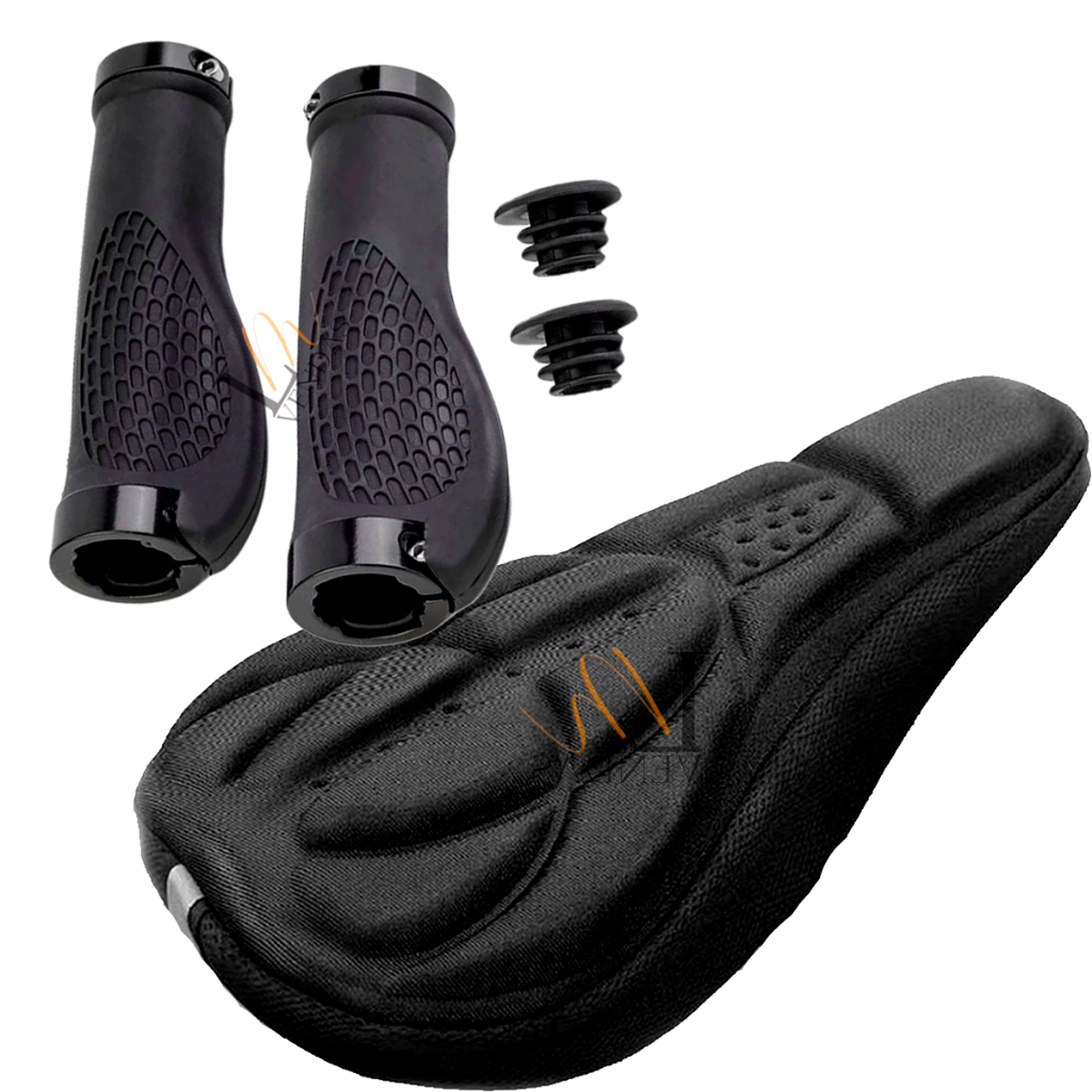 Kit Capa De Banco Em Gel Selim + Manopla Emborrachada Espuma Bike