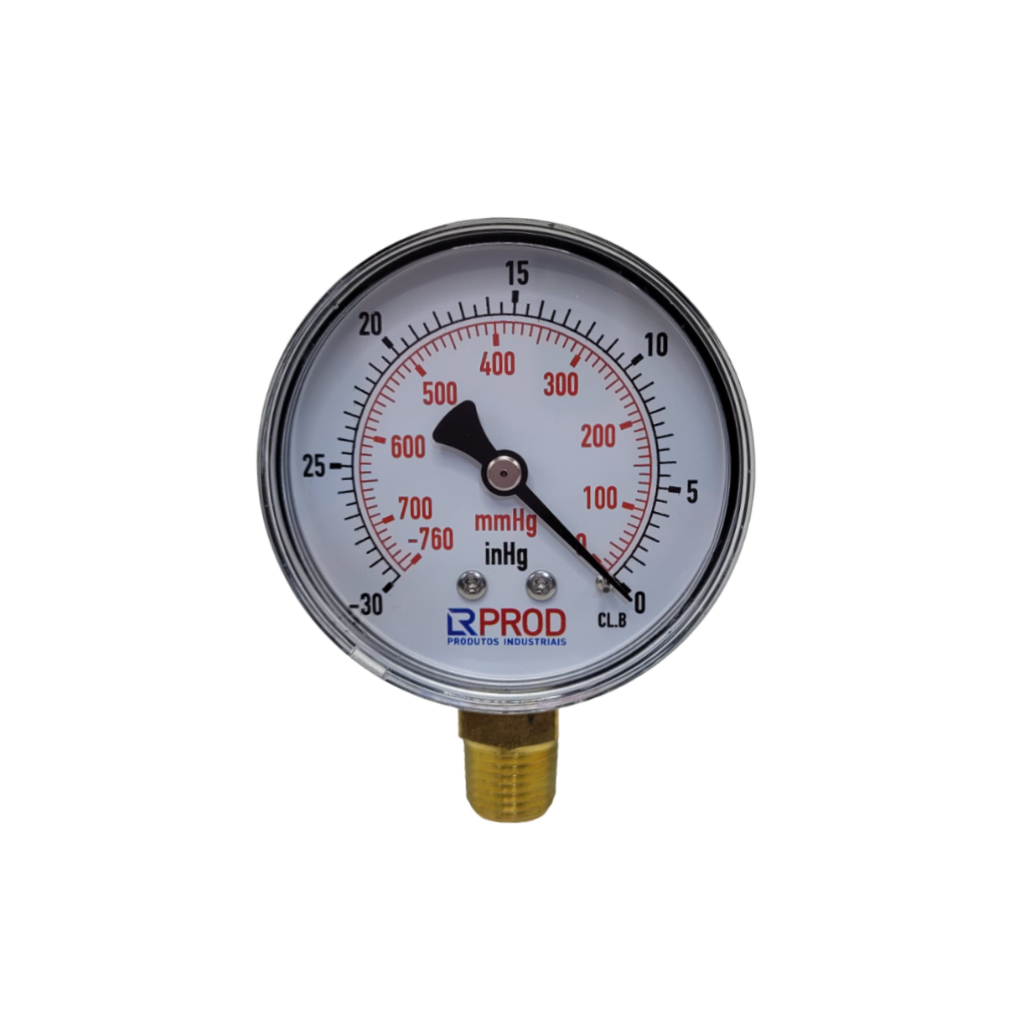 Vacuômetro Diam.63mm (2.1/2” ) Vertical - Escala -30 inHg x -760 mmHg Rosca 1/4 NPT c/Adaptador p/rosca 1/2"