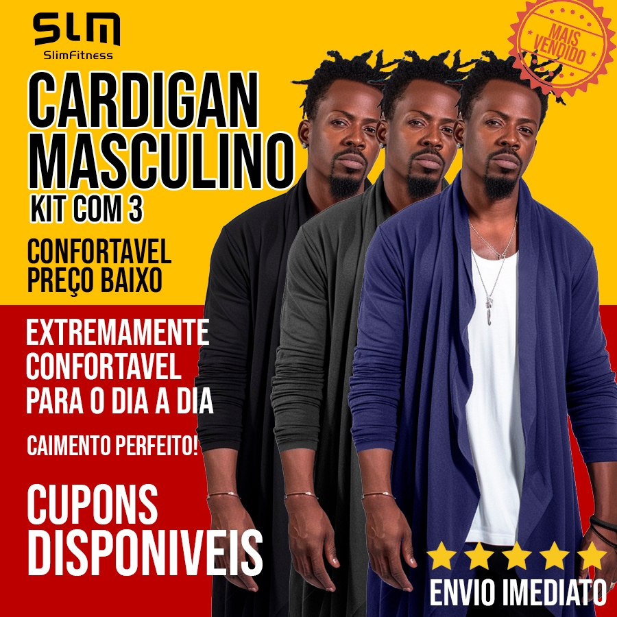 Kit com 3 Blazer Cardigan Longo Masculino Casaco Estiloso Fashion