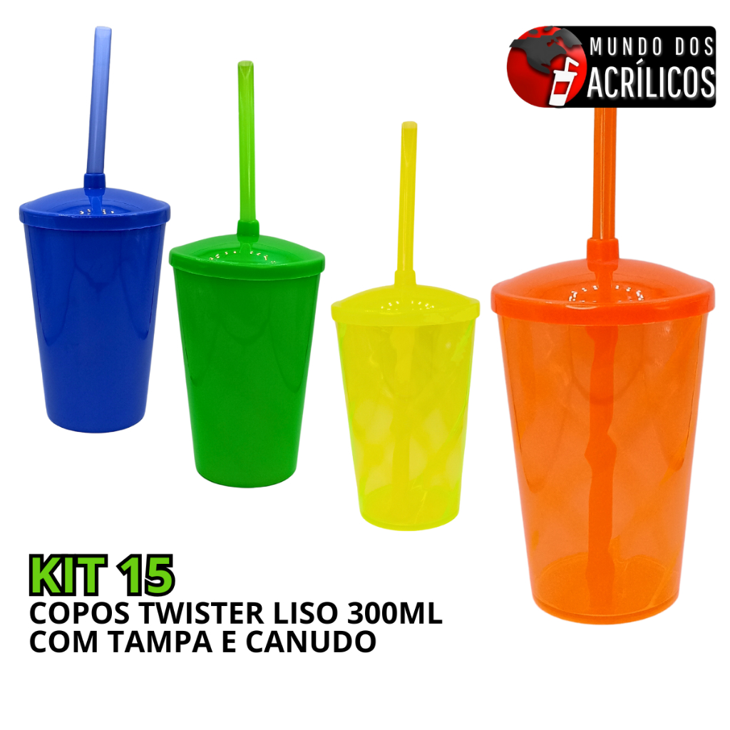 KIT 15 COPOS TWISTER 300ML LISO COM TAMPA E CANUDO PARA PERSONALIZAR ADESIVAR FESTA em Oferta na Shopee