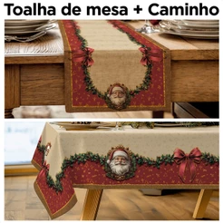 Kit Toalha de Mesa 6 Lugares Retangular Natal 1,40x2,10m + Trilho de Mesa Natalino 140x040m - Mesa Posta Natalina