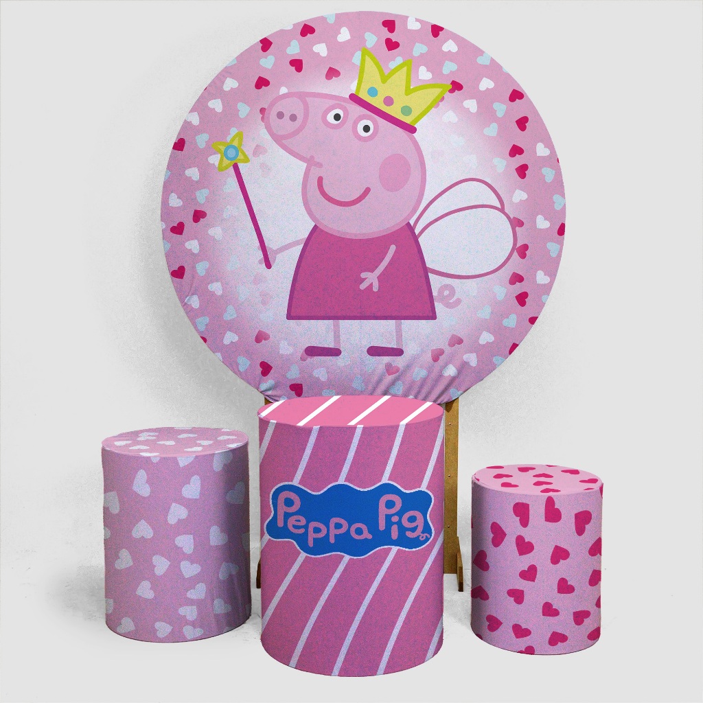 Kit Capa de Painel + Trio Capas de Cilindro - Print Gráfico Em Tecido Desenho Temático Festa Decoração Peppa Pig