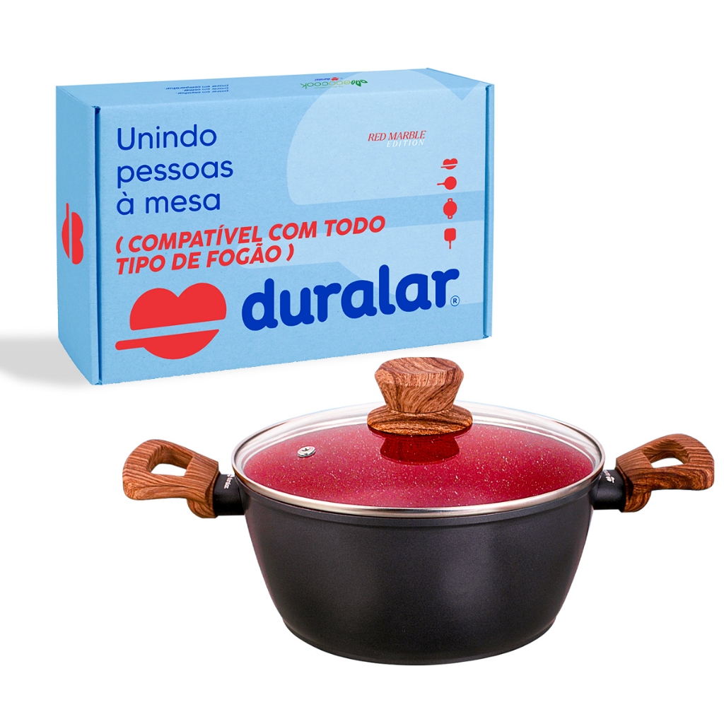Panela Caçarola Cerâmica Antiaderente N22 Red Marble Indução Fogão Cooktop Vermelho Duralar