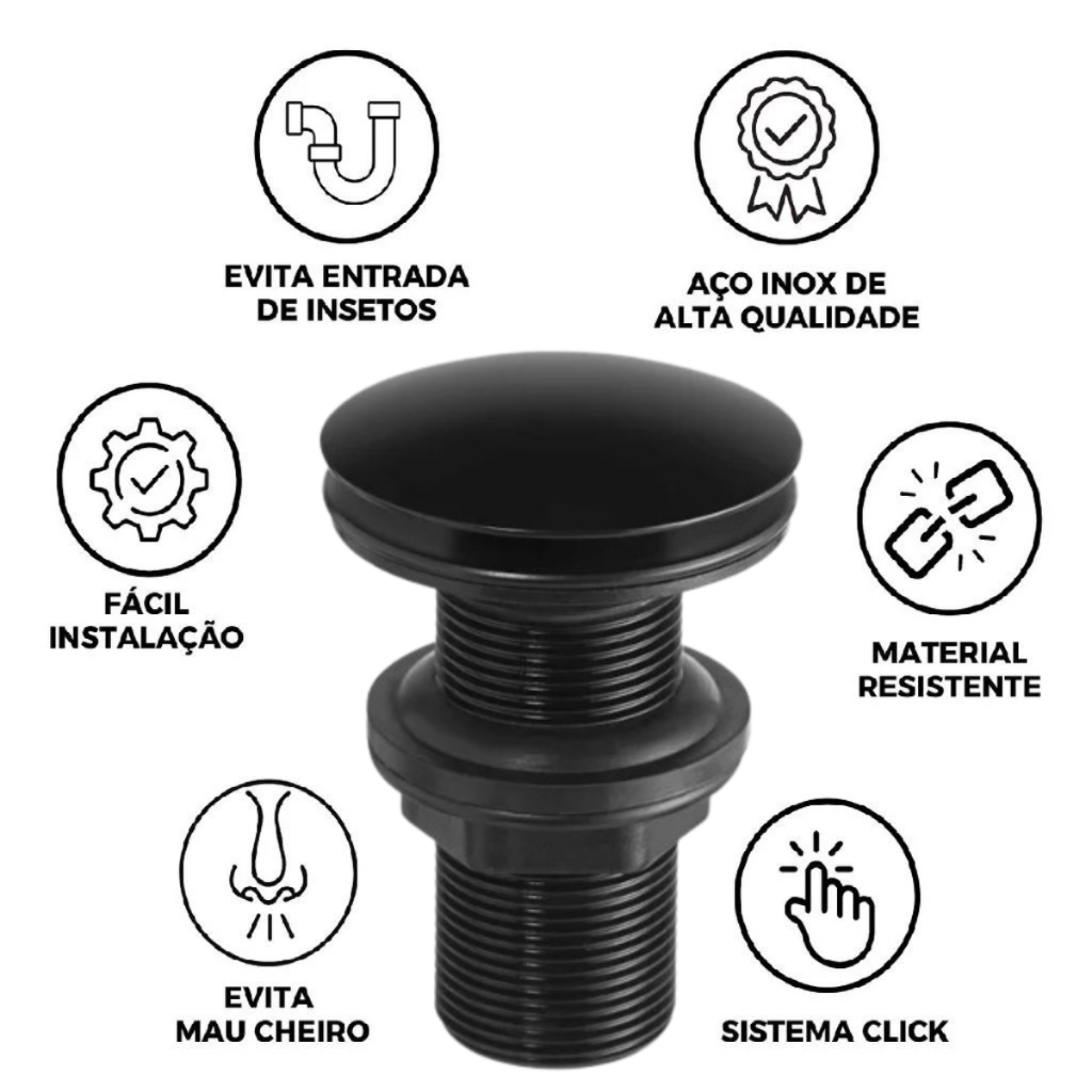 Válvula Click Lopazzi  Ralo Inox Para Pia Cuba Lopazzi Lavatório Banheiro Lavabo Conexão 7/8 Aço Inox 304 Luxo