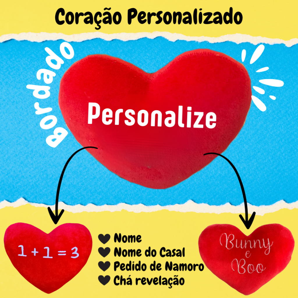 Coração bordado personalizado com nome do casal presente pedido namoro noivado cesta café da manhã em Oferta na Shopee