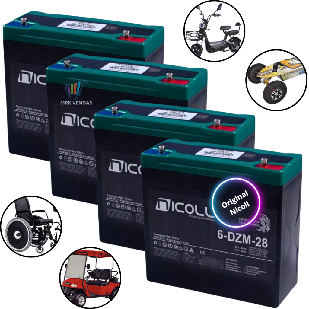 Kit 4 Bateri 12v 28ah 6-dzm-28 Bike Bicicleta Moto Elétrica Cadeira De Rodas Motorizada Ciclo Profu