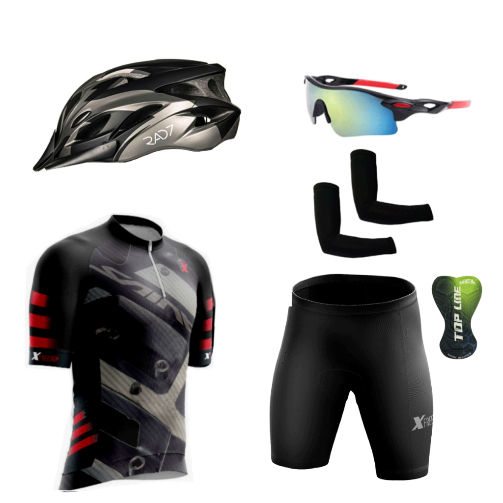 Kit Ciclismo Camisa C/ Proteção UV e Bermuda + Capacete Bike + Óculos Espelhado + Par de Manguitos em Oferta na Shopee