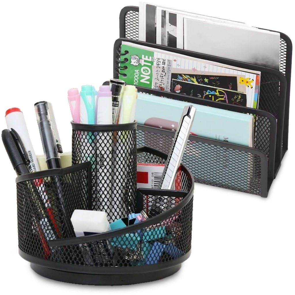 Kit 2 Organizador de Mesa Escritório Metal Aramado Giratório Porta Treco Caneta Lapis Papel A4