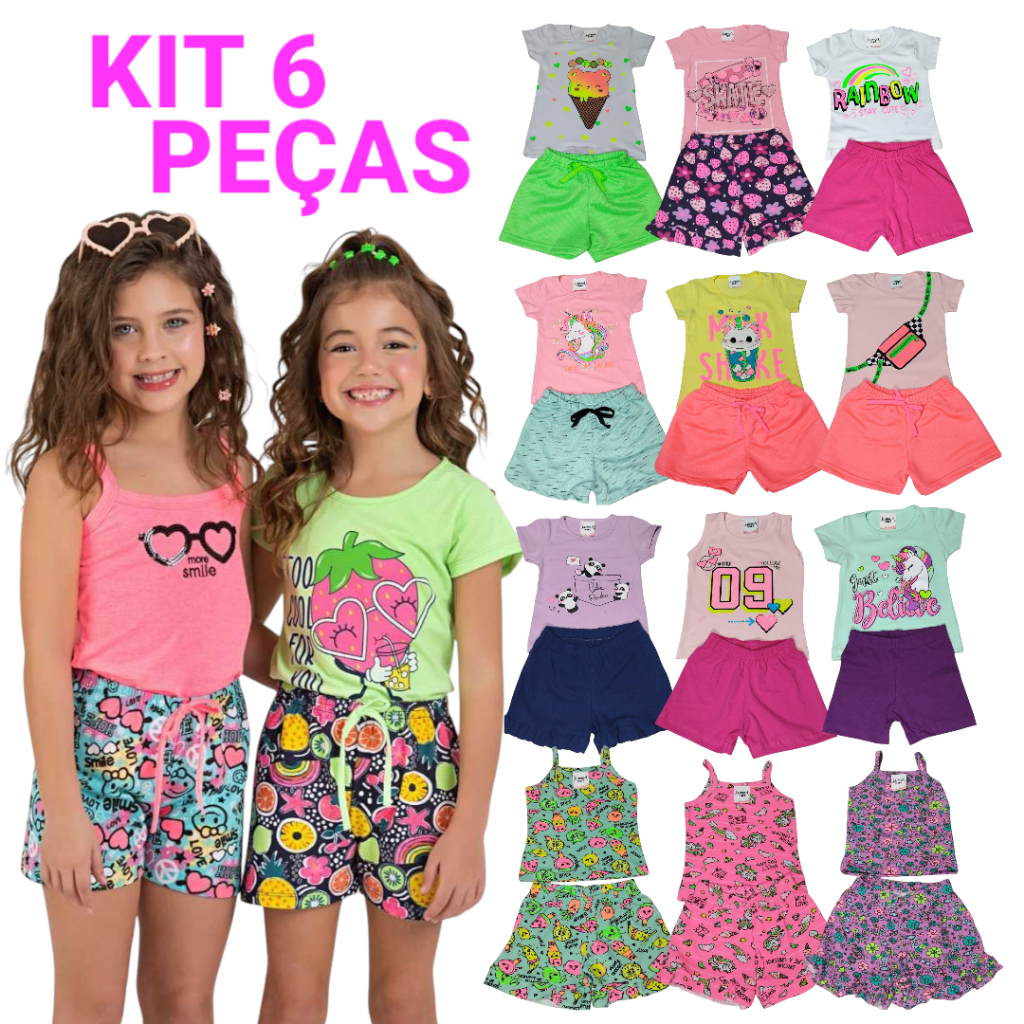 Kit 6 Peças Conjunto Infantil Feminino Camiseta e Short Algodão Confortável e Estiloso