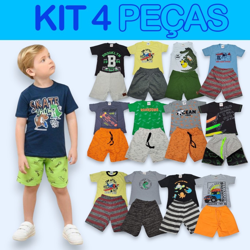Kit 4 Peças Conjunto Infantil Menino Masculino Camiseta e Short Conforto Algodão Sortido