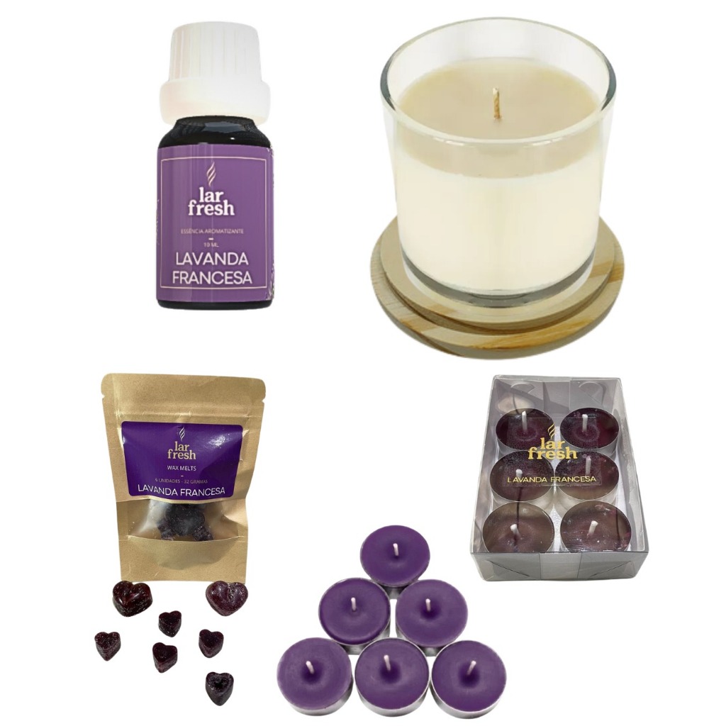 Kit Completo Lavanda Essência + Vela 100g + 6 Mini Velas + Wax Melts - Lar Fresh