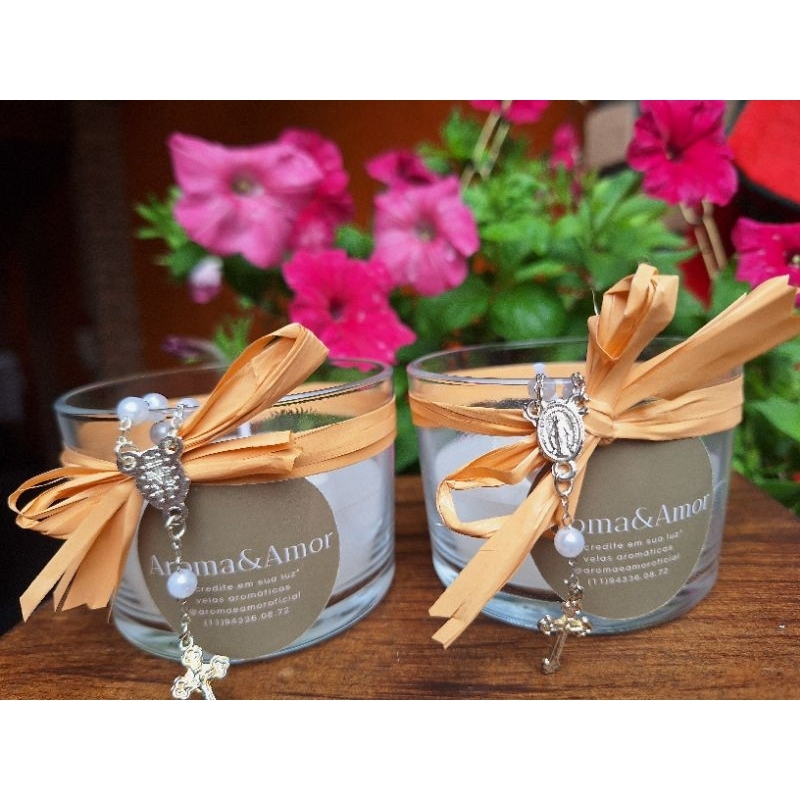 kit 02 velas católica religião oração perfume rosas  + mini terço presente promoção em Oferta na Shopee