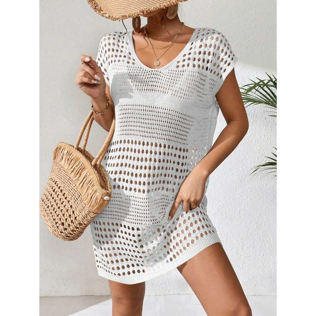 Vestido de praia saída moda verão feminino tricot crochê em Oferta na Shopee