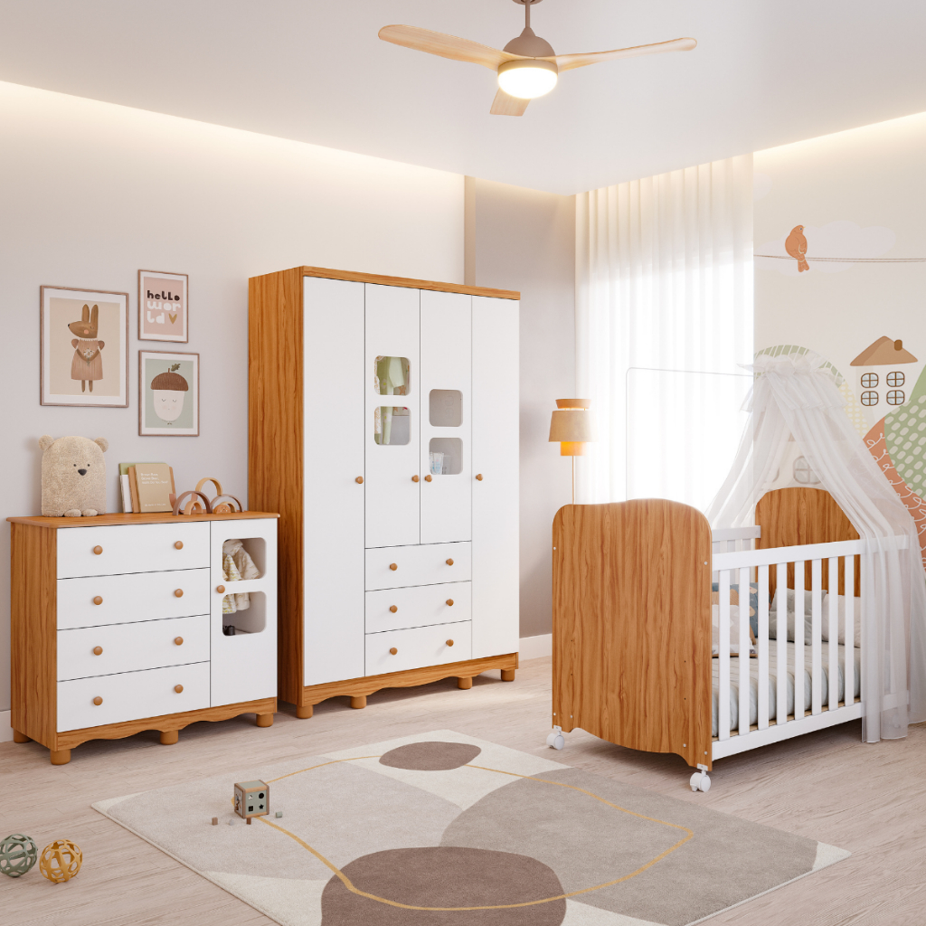 Quarto de Bebê Completo Guarda Roupa 4 Portas 3 Gavetas Berço Americano Cômoda Uli 1 Porta em Oferta na Shopee