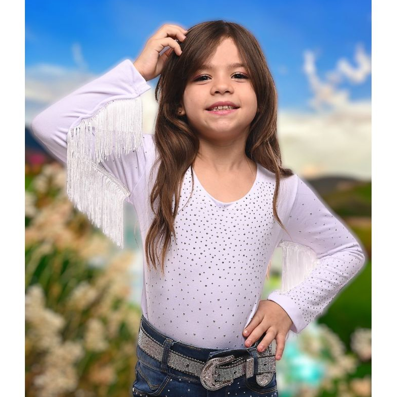 Body Infantil Manga Longa Com Franja Suplex Preto E Branco Country Cavalos E Santa Boiadeira Diversos Modelos