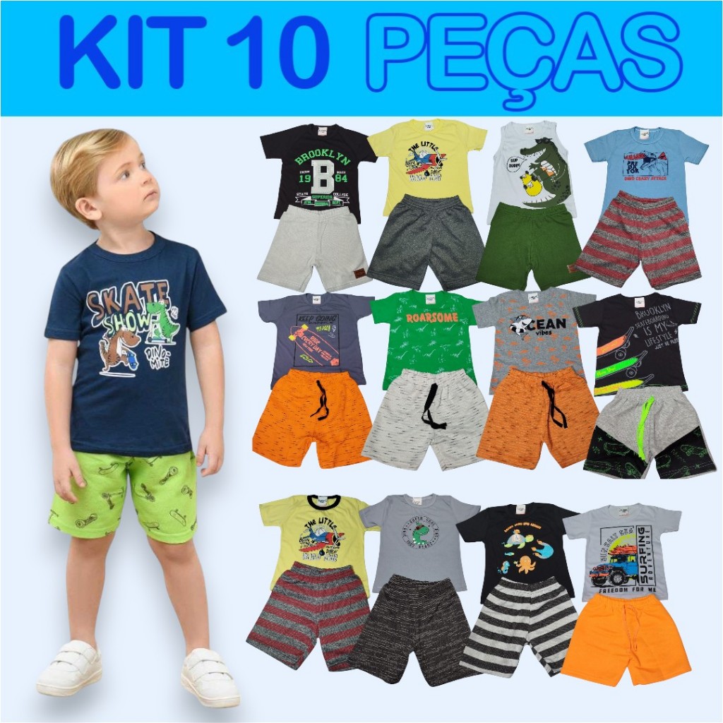 Kit 10 Peças Conjunto Infantil Masculino Camiseta e Short Estampa Sortida Conforto e Estilo