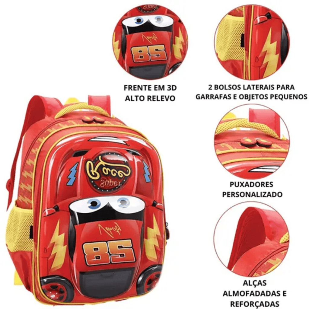 Mochila Escolar Infantil de Carros 3D com Detalhes em Alto Relevo - Ponto Verde