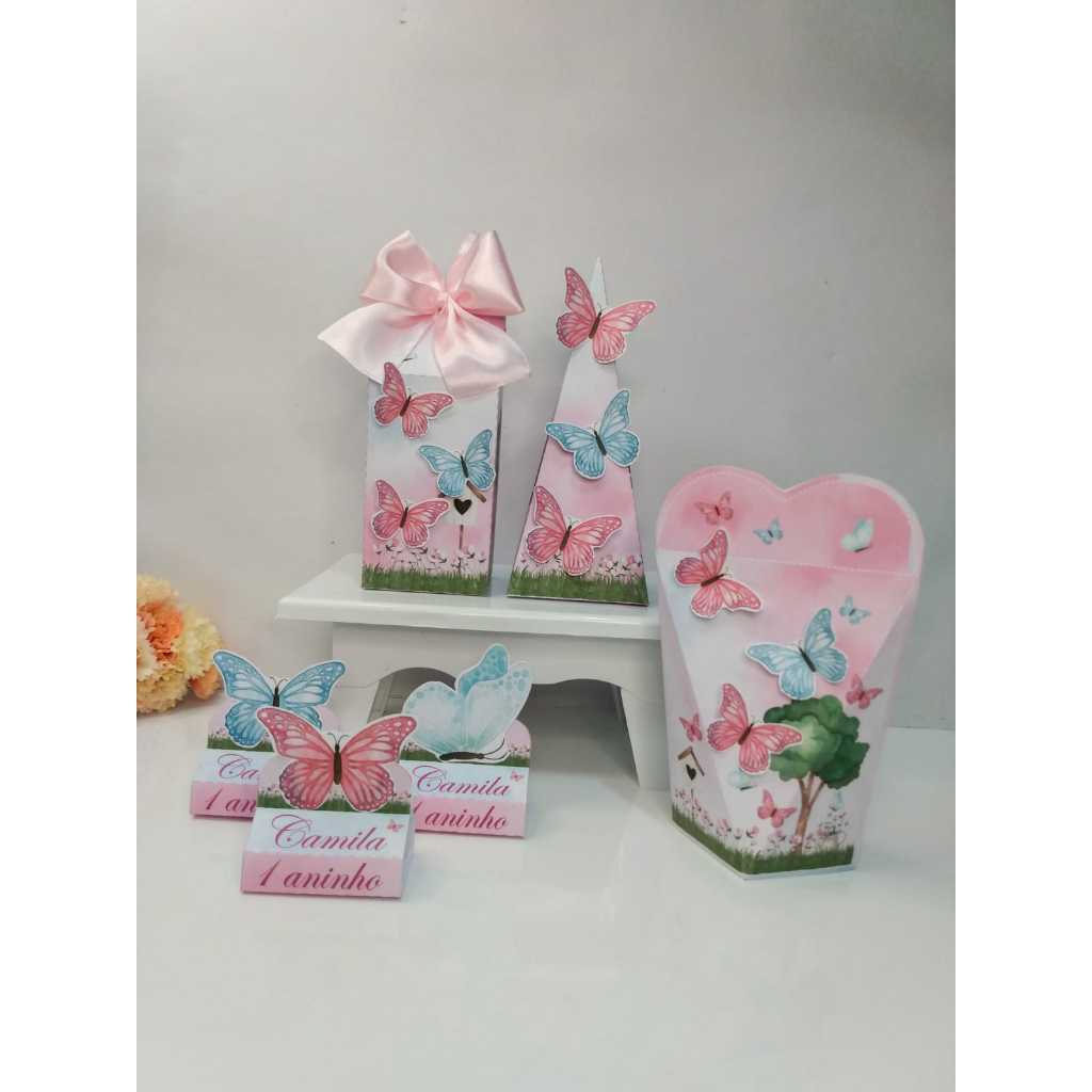 Kit Festa - 45 Lembrancinhas Personalizadas Jardim das Borboletas - Caixinhas Personalizadas - Papelaria Personalizada