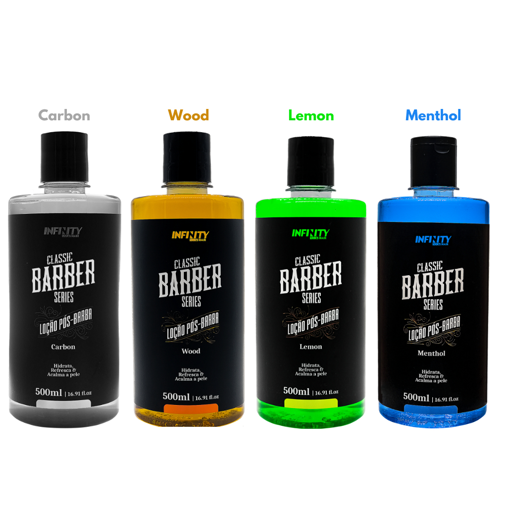 Loção Pós Barba 500ml - Fragrâncias Variadas Lemon, Menthol, Wood e Carbon INFINITY