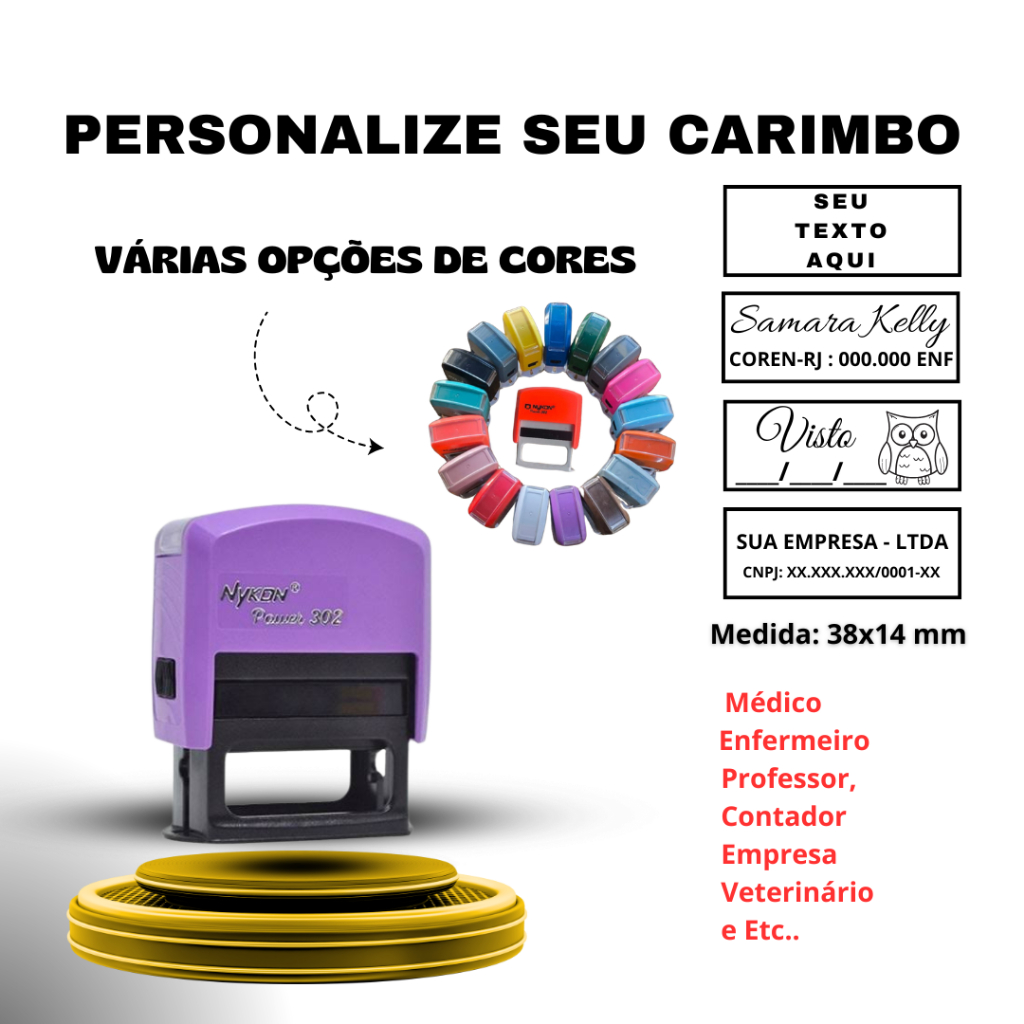 CARIMBO 302 PERSONALIZE COMO QUISER 14X38MM - MÉDICO,PROFESSOR,EMPRESA - CORES VARIADAS (LER DESCRIÇÃO)