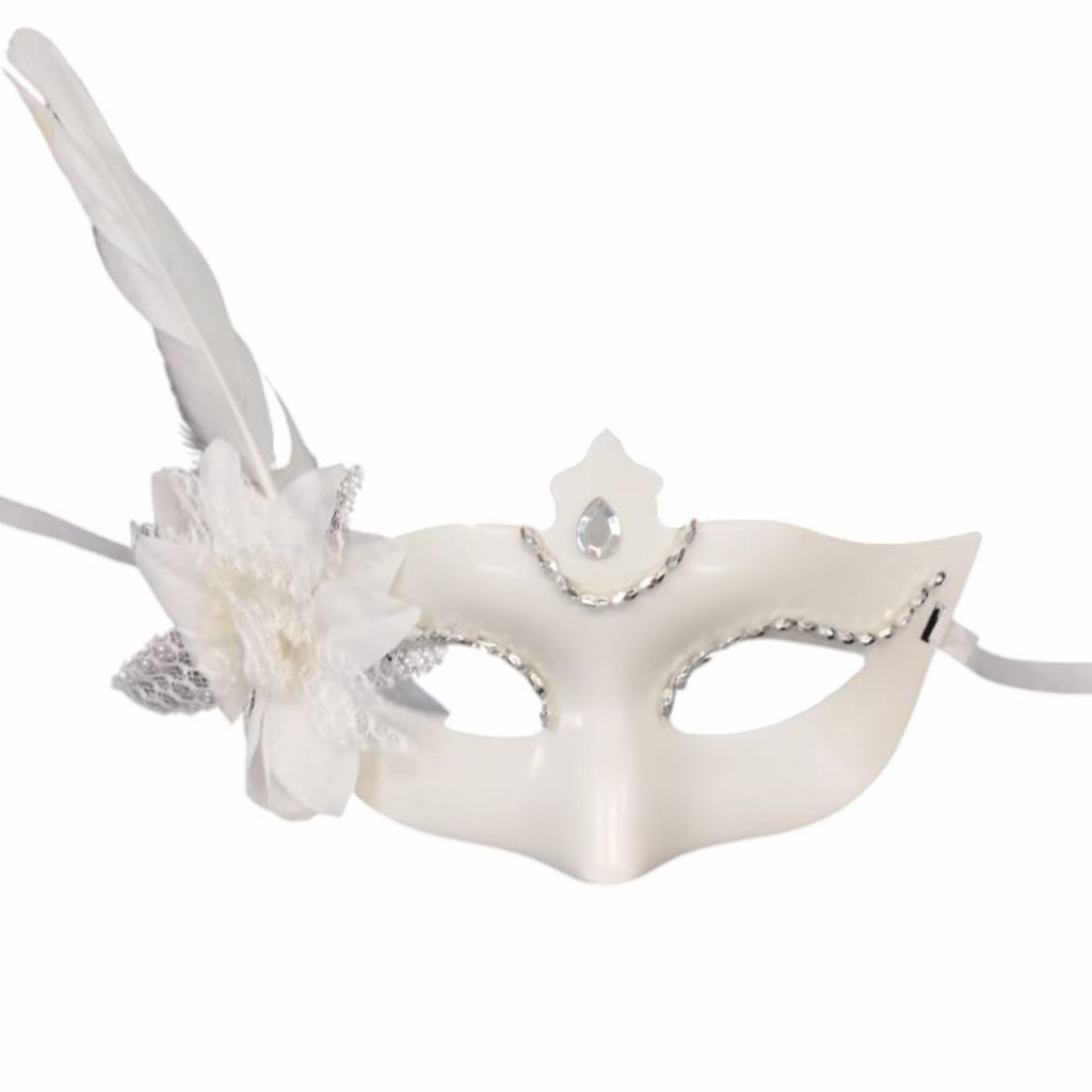 MASCARA CARNAVAL VENEZA FLOR E PENA BRANCA