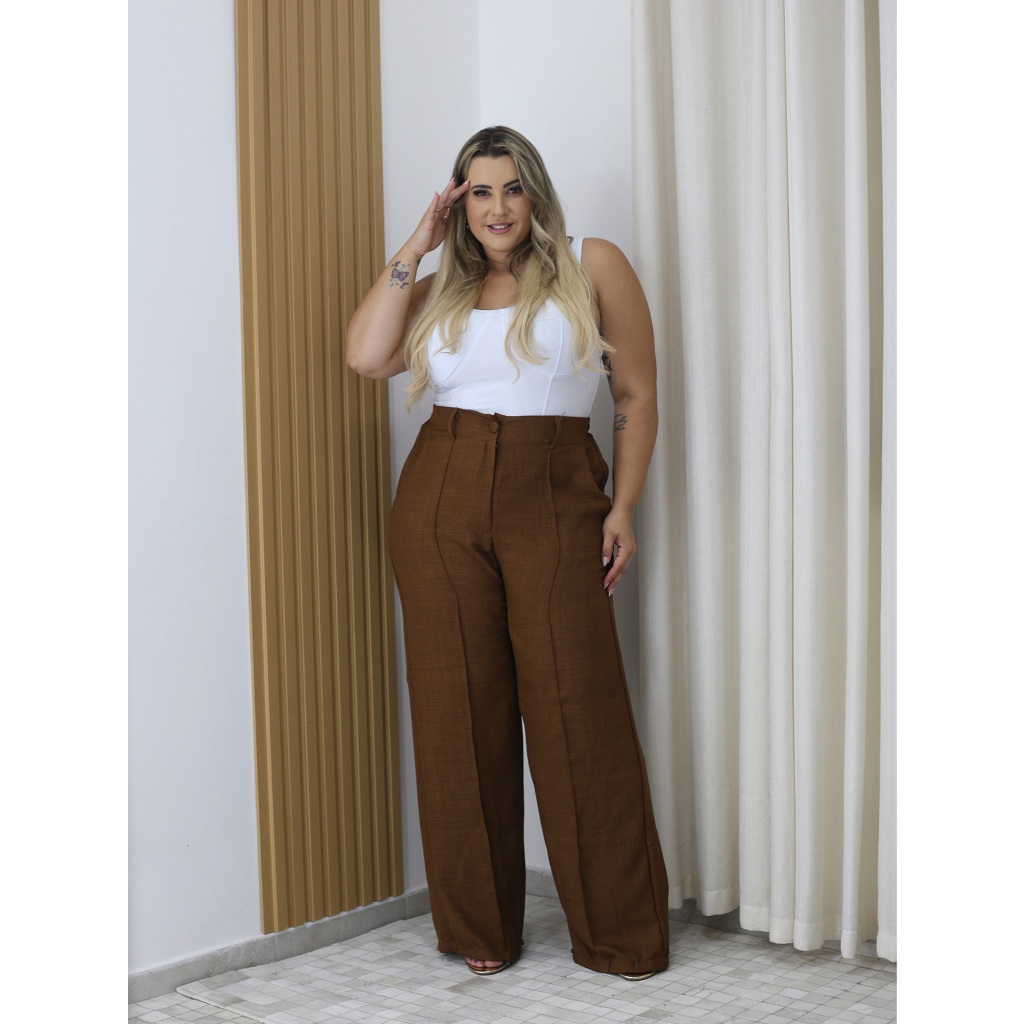 Calça pantalona plus size linho duna mole com bolso elastico traseiro 8818 em Oferta na Shopee