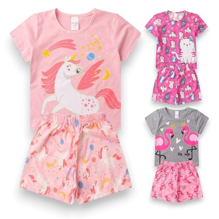 Kit 6 peças Pijama infantil Feminino Verão – 3 conjuntos Sortidos Pijama de Menina