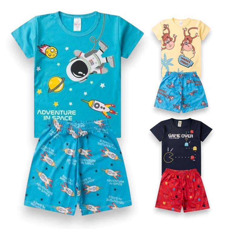Kit 6 peças Pijama infantil Masculino Verão – 3 conjuntos Sortidos Pijama de Menino