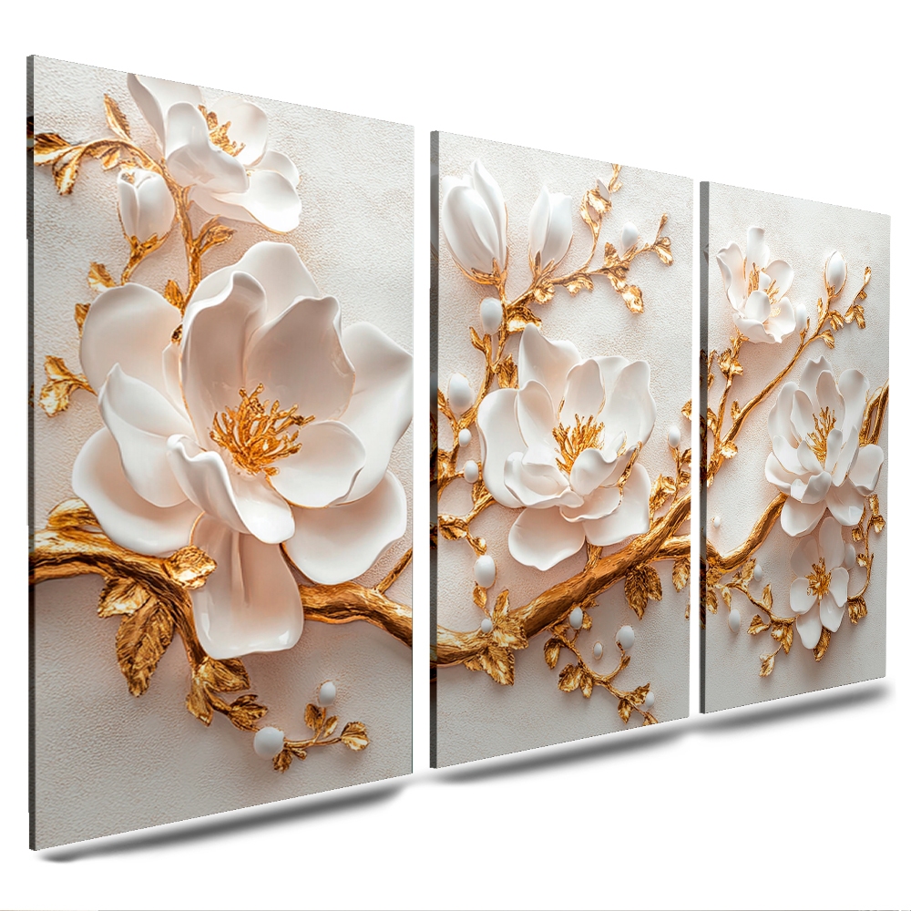quadros flores tulipas rosas delicadas flores gold luxo dourado 3 peças para sala e quarto