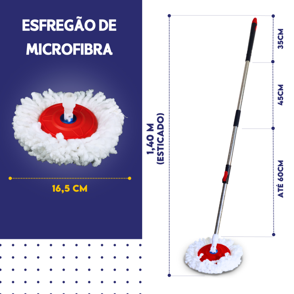 Mop Giratorio Com cabo de 140 cm Cesto Em Inox - Balde Centrífuga - C/2 Refil - Nybc