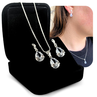 Colar Par De Brincos Prata 925 Pingente Ponto De Luz Veneziana Feminina 45cm Gota Conjunto...